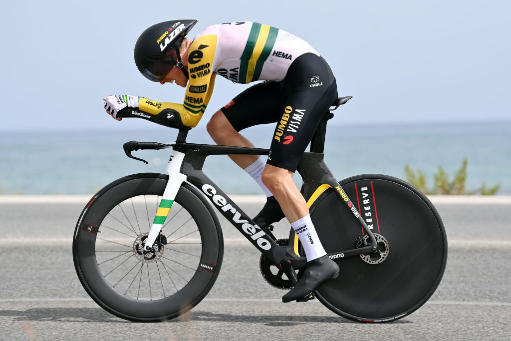 ALICANTE, SPAIN - AUGUST 30: Rohan Dennis of Australia and Team Jumbo - Visma sprints during the 77th Tour of Spain 2022, Stage 10 a 30,9km individual time trial stage from Elche to Alicante / #LaVuelta22 / #WorldTour / on August 30, 2022 in Alicante, Spain. (Photo by Justin Setterfield/Getty Images)