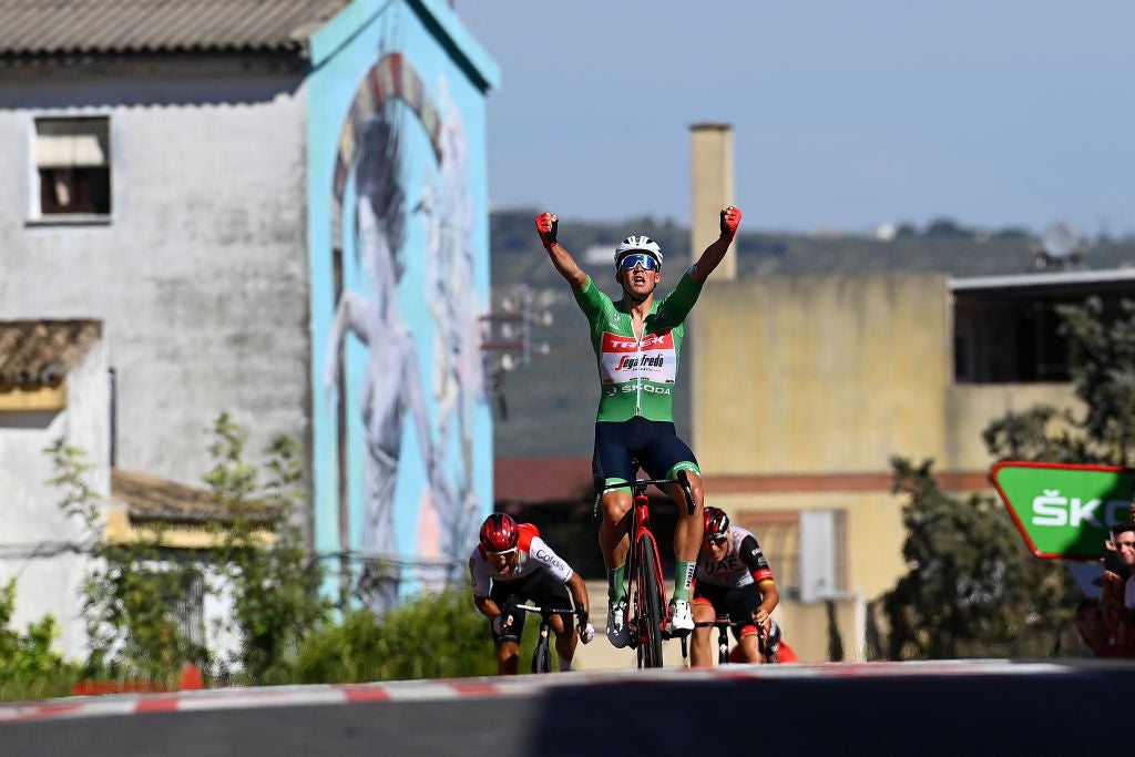 MONTILLA, SPAIN - SEPTEMBER 02: Mads Pedersen of Denmark and Team Trek - Segafredo - Green Points Jersey celebrates at finish line as stage winner during the 77th Tour of Spain 2022, Stage 13 a 168,4km stage from Ronda to Montilla 315m / #LaVuelta22 / #WorldTour / on September 02, 2022 in Montilla, Spain. (Photo by Tim de Waele/Getty Images)