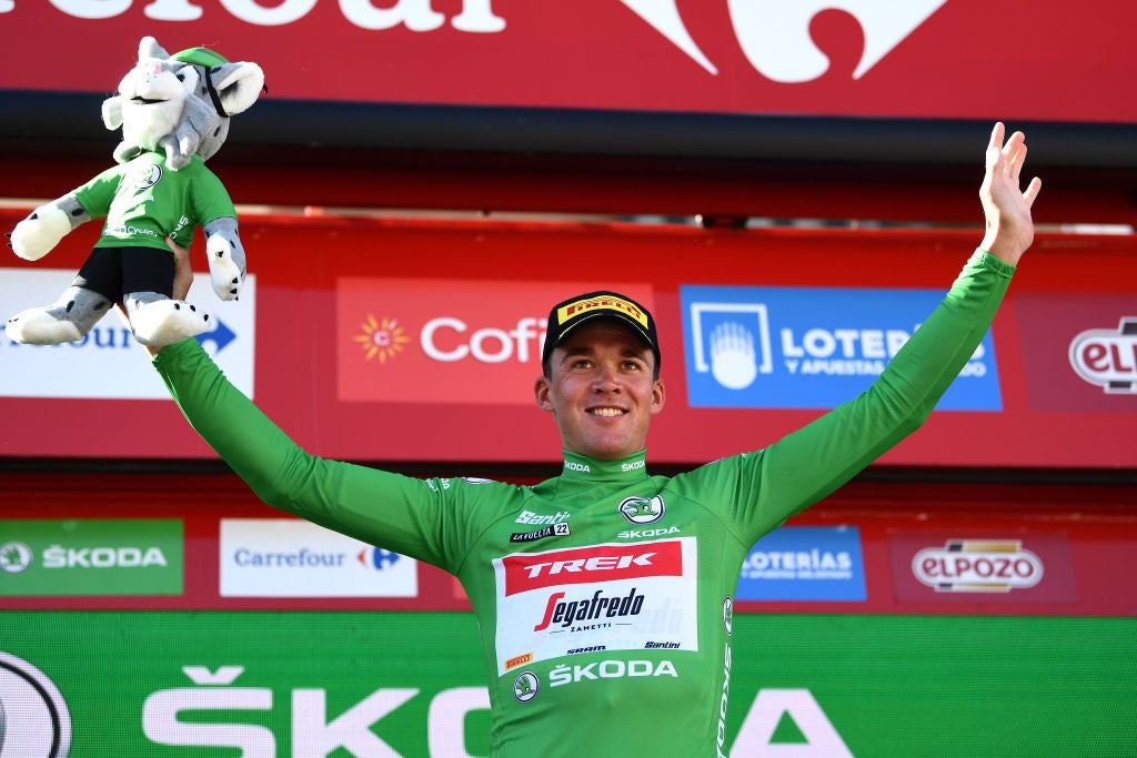 MONTILLA, SPAIN - SEPTEMBER 02: Mads Pedersen of Denmark and Team Trek - Segafredo - Green Points Jersey celebrates at podium during the 77th Tour of Spain 2022, Stage 13 a 168,4km stage from Ronda to Montilla 315m / #LaVuelta22 / #WorldTour / on September 02, 2022 in Montilla, Spain. (Photo by Tim de Waele/Getty Images)