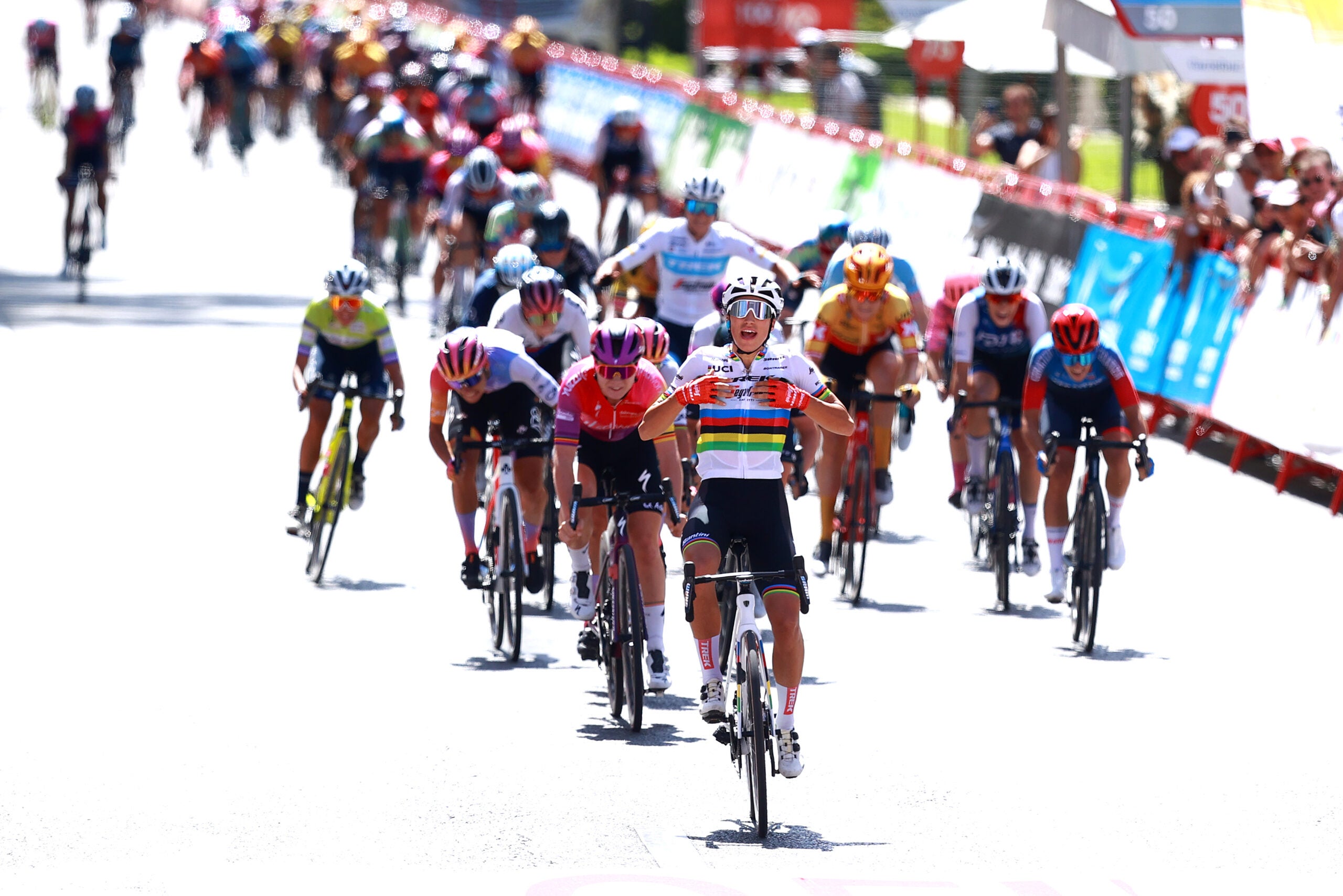 MADRID, SPAIN - SEPTEMBER 11: Elisa Balsamo of Italy and Team Trek- Segafredo celebrates at finish line as stage winner ahead of Lotte Kopecky of Belgium and Team SDWorx and Marta Bastianelli of Italy and UAE Team ADQ during the 8th Ceratizit Challenge By La Vuelta 2022, Stage 5 a 95,7km stage from Madrid to Madrid / #CERATIZITChallenge22 / #UCIWWT / on on September 11, 2022 in Madrid, Spain. (Photo by Gonzalo Arroyo Moreno/Getty Images)