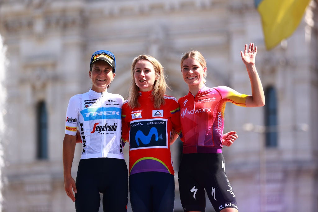 MADRID, SPAIN - SEPTEMBER 11: (L-R) Elisa Longo Borghini of Italy and Team Trek- Segafredo on second place, race winner Annemiek Van Vleuten of Netherlands and Movistar Team Women - Red Leader Jersey and Demi Vollering of Netherlands and Team SDWorx on third place, pose on the podium during the podium ceremony after the 8th Ceratizit Challenge By La Vuelta 2022, Stage 5 a 95,7km stage from Madrid to Madrid / #CERATIZITChallenge22 / #UCIWWT / on on September 11, 2022 in Madrid, Spain. (Photo by Gonzalo Arroyo Moreno/Getty Images)