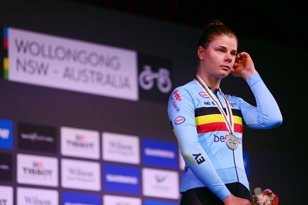WOLLONGONG, AUSTRALIA - SEPTEMBER 24: Silver medalist Lotte Kopecky of Belgium, reacts disappointed on the podium during the medal ceremony after the 95th UCI Road World Championships 2022 - Women Elite Road Race a 164,3km one day race from Wollongong to Wollongong / #Wollongong2022 / on September 24, 2022 in Wollongong, Australia. (Photo by Tim de Waele/Getty Images)
