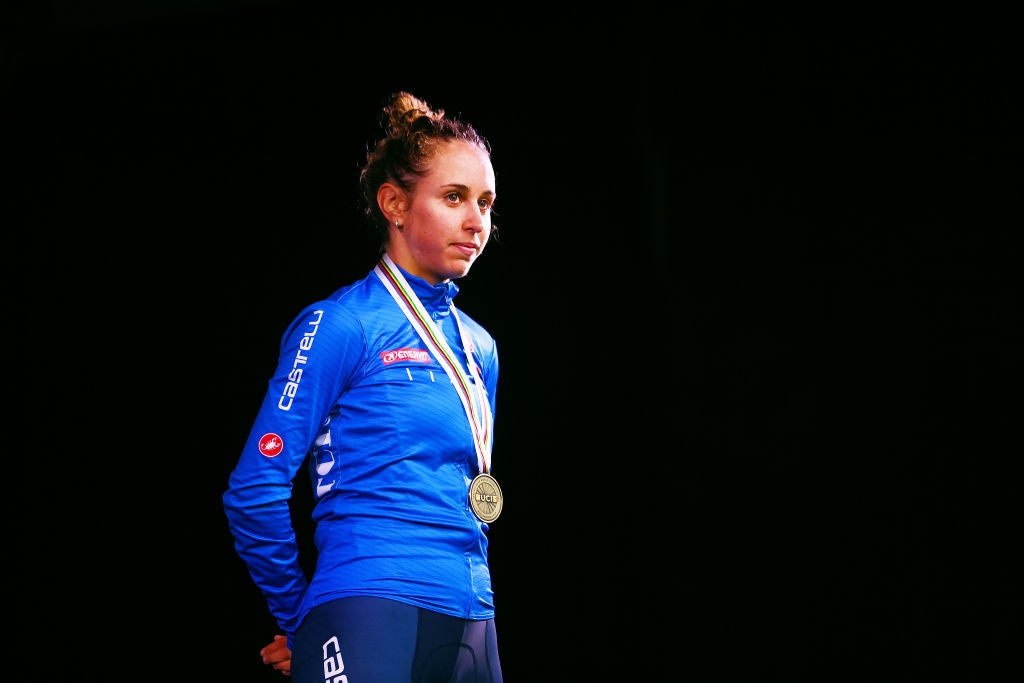 WOLLONGONG, AUSTRALIA - SEPTEMBER 24: Bronze medalist Silvia Persico of Italy, celebrates on the podium during the medal ceremony after the 95th UCI Road World Championships 2022 - Women Elite Road Race a 164,3km one day race from Wollongong to Wollongong / #Wollongong2022 / on September 24, 2022 in Wollongong, Australia. (Photo by Tim de Waele/Getty Images)