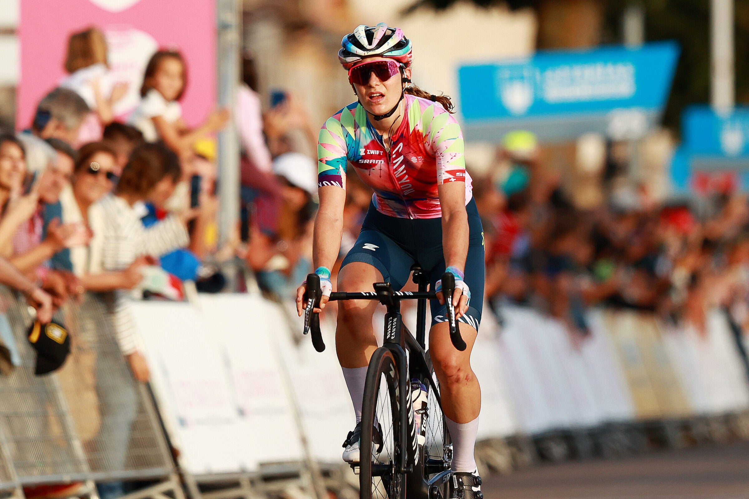 AGUILAR DE CAMPOO, SPAIN - SEPTEMBER 09: Elise Chabbey of Switzerland and Team Canyon//SRAM Racing crosses the finishing line on second place during the 8th Ceratizit Challenge By La Vuelta 2022, Stage 3 a 96,4km stage from Camargo to Aguilar de Campoo / #CERATIZITChallenge22 / #UCIWWT / on on September 09, 2022 in Camargo, Spain. (Photo by Gonzalo Arroyo Moreno/Getty Images)