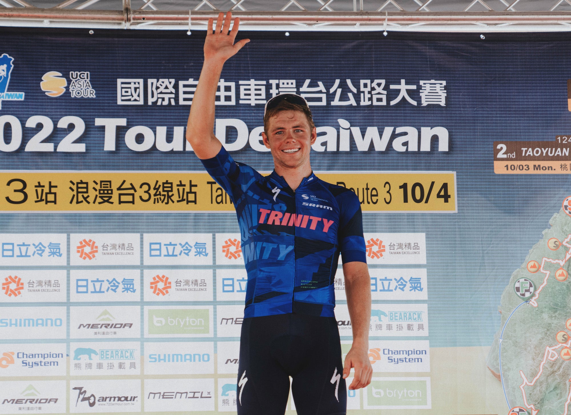 Luke Lamperti celebrates his first UCI-ranked pro win Tuesday at stage 3 at the Tour of Taiwan.