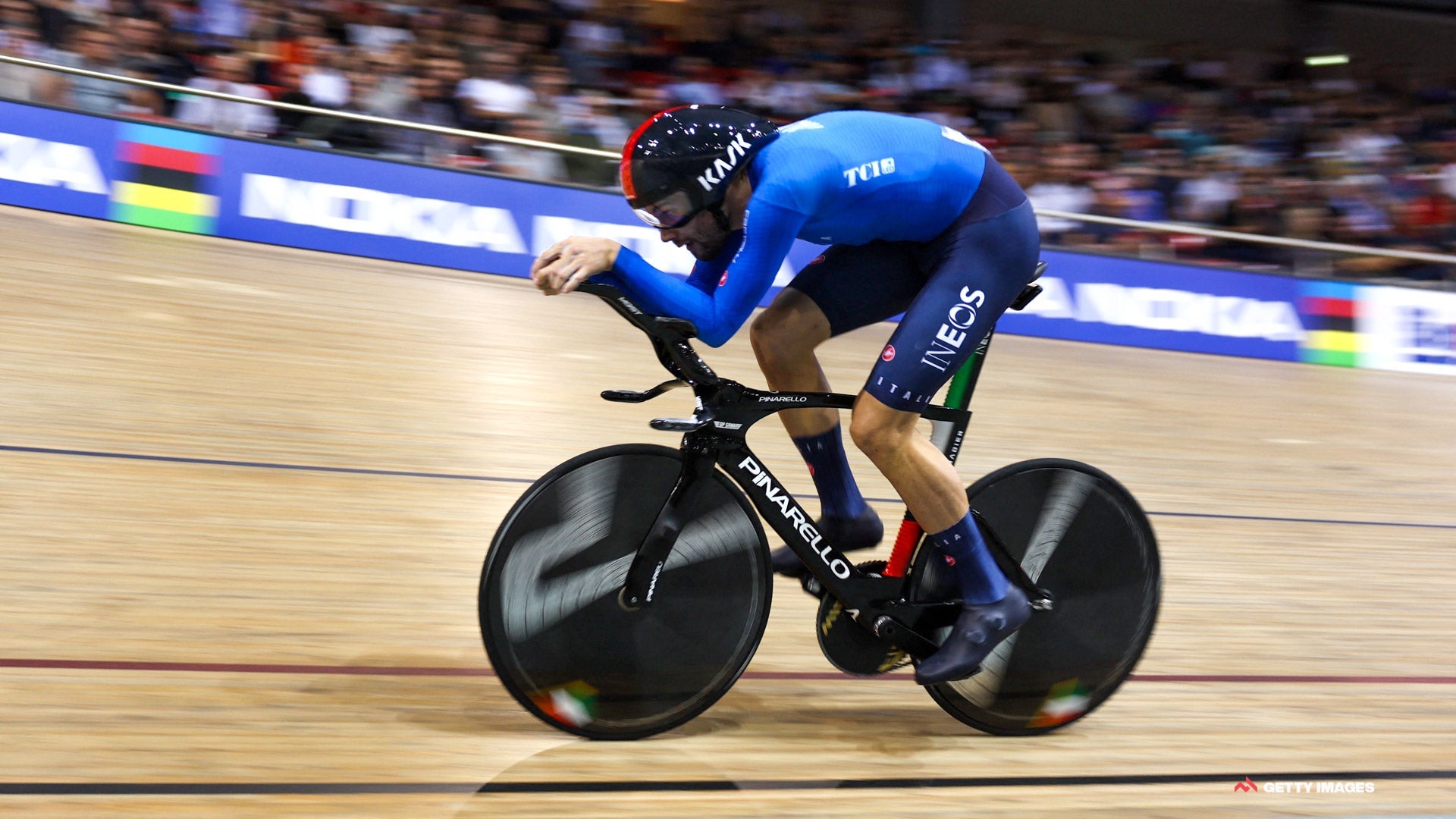 Italy's Filippo Ganna competes to win the Men's Individual Pursuit finals during the UCI Track Cycling World Championships at the Velodrome of Saint-Quentin-en-Yvelines, southwest of Paris, on October 14, 2022. (Photo by Thomas SAMSON / AFP) (Photo by THOMAS SAMSON/AFP via Getty Images)