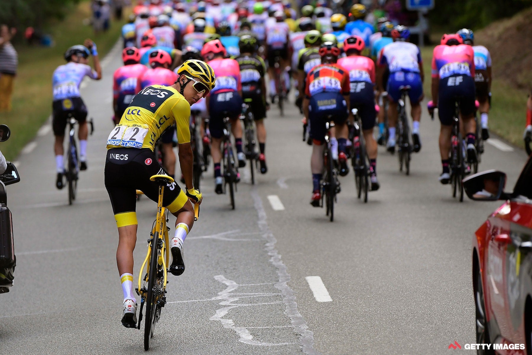 Egan Bernal pictured a few hours away from overall victory on stage 21 of the 2019 Tour de France.