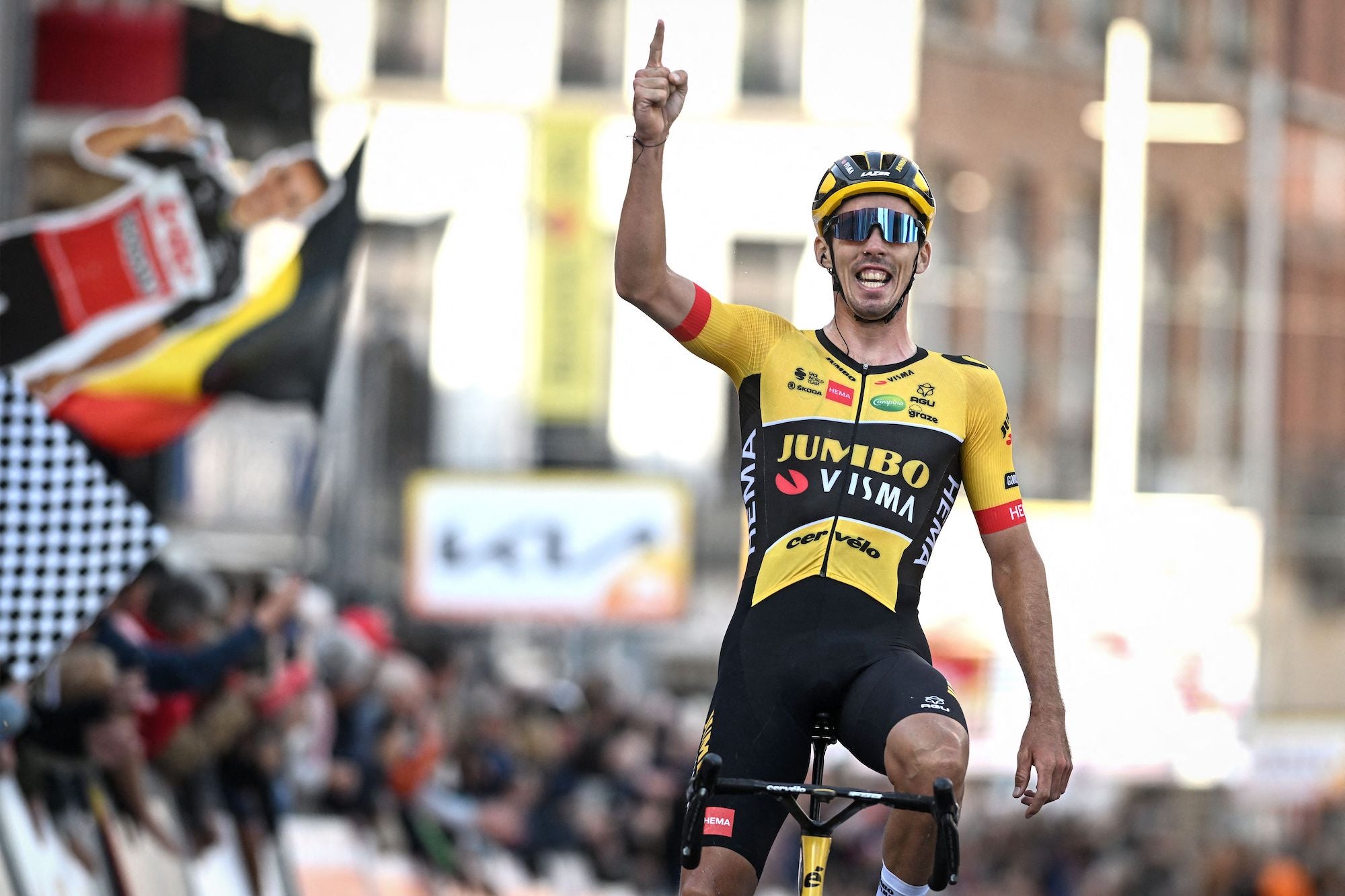 Christophe Laporte celebrates victory at Binche-Chimay-Binche.