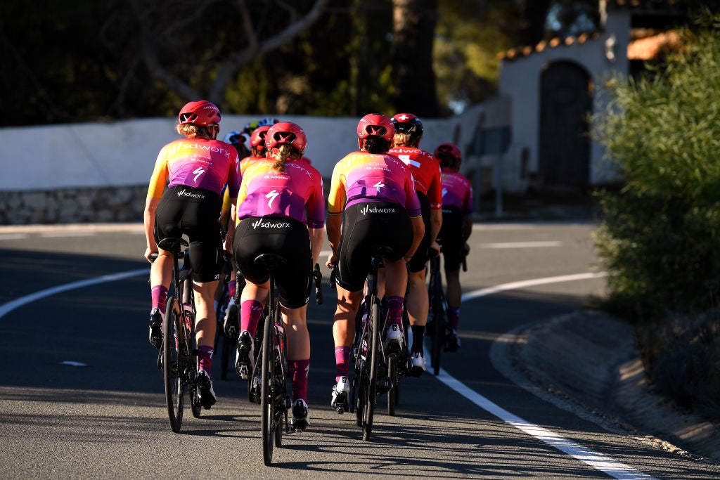 DENIA, SPAIN - DECEMBER 11: Detailed view of Demi Vollering of Netherlands, Chantal Van Den Broek - Blaak of Netherlands and teammates ride during a portrait Team SD Worx 2022 - Training Camp on December 11, 2021 in Denia, Spain. (Photo by Tim de Waele/Getty Images)