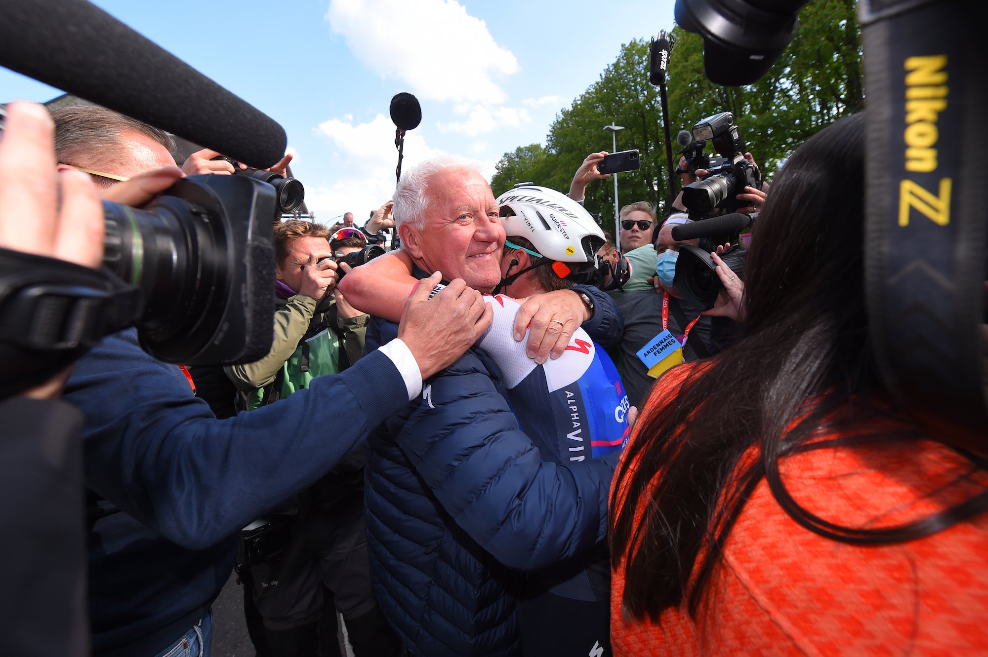 Patrick Lefevere, shown here celebrating Liège-Bastogne-Liège, says it's the parties, not the jersey, that's the curse.