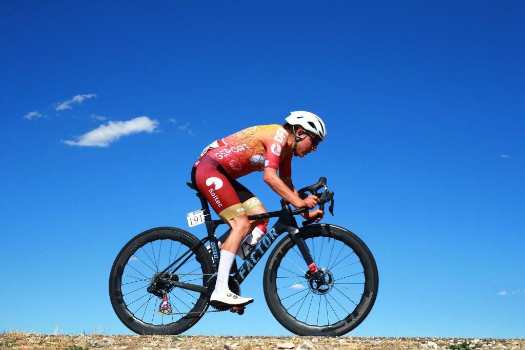 SEGOVIA, SPAIN - SEPTEMBER 10: Anna Kiesenhofer of Austria and Team Soltec Team – Costa Calida competes in the breakaway during the 8th Ceratizit Challenge By La Vuelta 2022, Stage 4 a 160,4km stage from Palencia to Segovia 1005m / #CERATIZITChallenge22 / #UCIWWT / on on September 10, 2022 in Segovia, Spain. (Photo by Gonzalo Arroyo Moreno/Getty Images)
