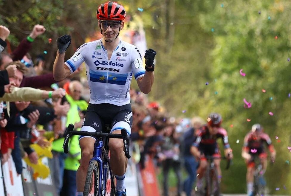Dutch Lars Van Der Haar celebrates as he crosses the finish line to win the men's race during the Koppenbergcross, the first race (out of eight) of the X2O Badkamers trophy, in Melden, on Tuesday 01 November 2022. BELGA PHOTO DAVID PINTENS (Photo by David PINTENS / BELGA MAG / Belga via AFP) (Photo by DAVID PINTENS/BELGA MAG/AFP via Getty Images)