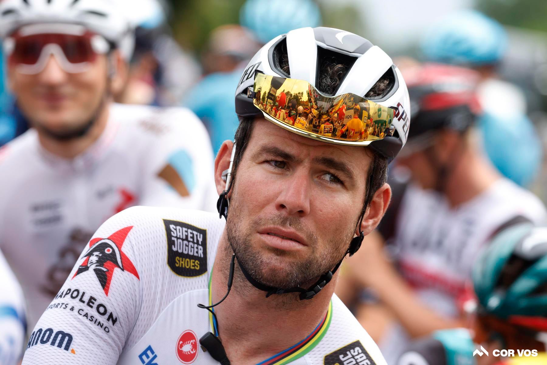 A pensive Mark Cavendish lines up for stage 2 of the 2022 Tour of Poland.