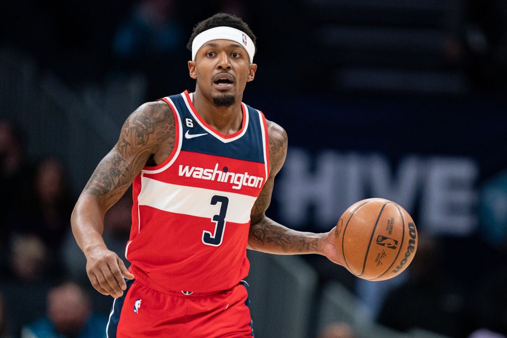 CHARLOTTE, NORTH CAROLINA - DECEMBER 02: Bradley Beal #3 of the Washington Wizards brings the ball up court against the Charlotte Hornets during their game at Spectrum Center on December 02, 2022 in Charlotte, North Carolina. NOTE TO USER: User expressly acknowledges and agrees that, by downloading and or using this photograph, User is consenting to the terms and conditions of the Getty Images License Agreement. (Photo by Jacob Kupferman/Getty Images)