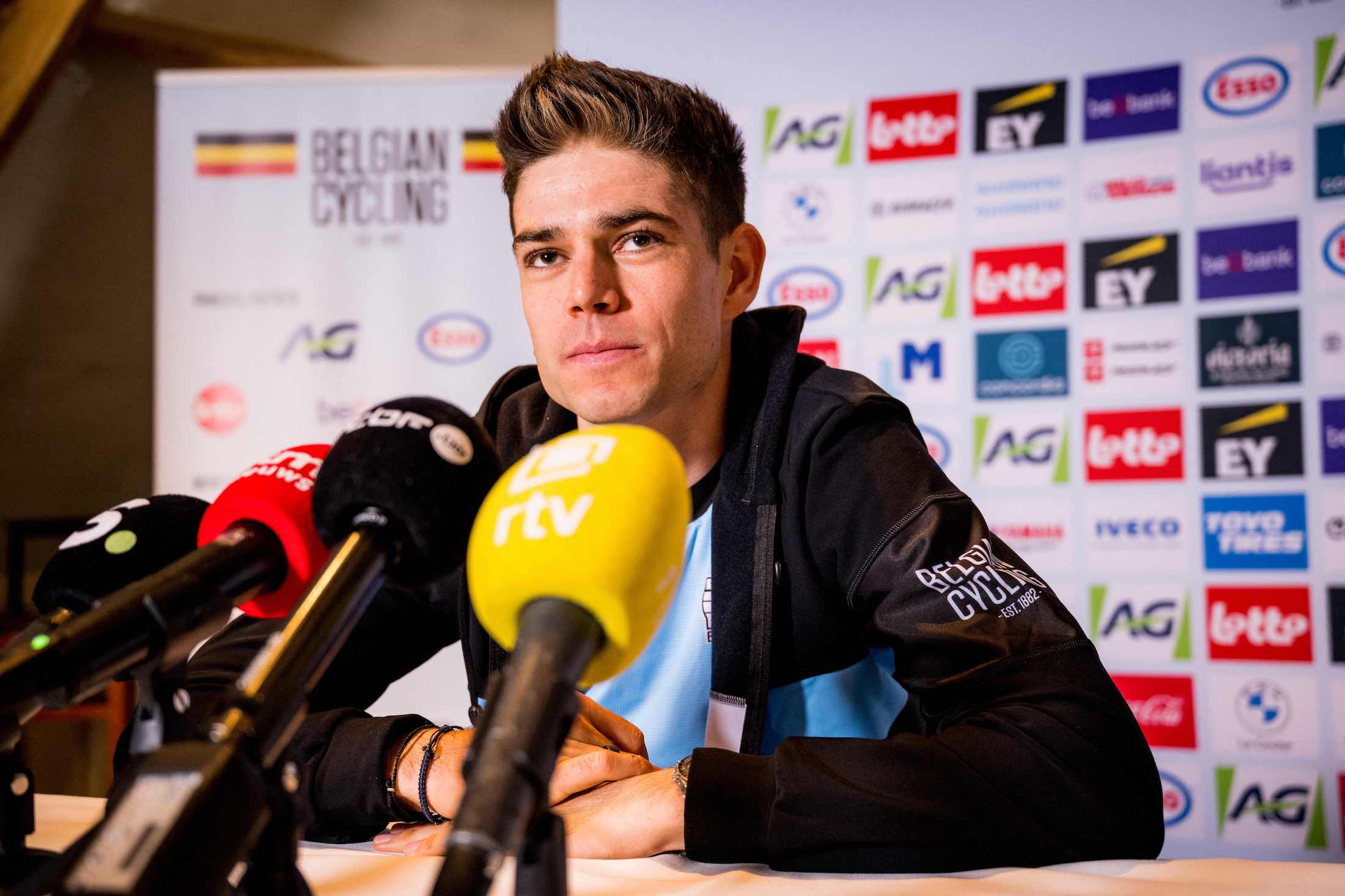 Belgian Wout van Aert talks during a press conference of the Belgian team ahead of the Cyclocross World Championships, in Hoogerheide, The Netherlands
