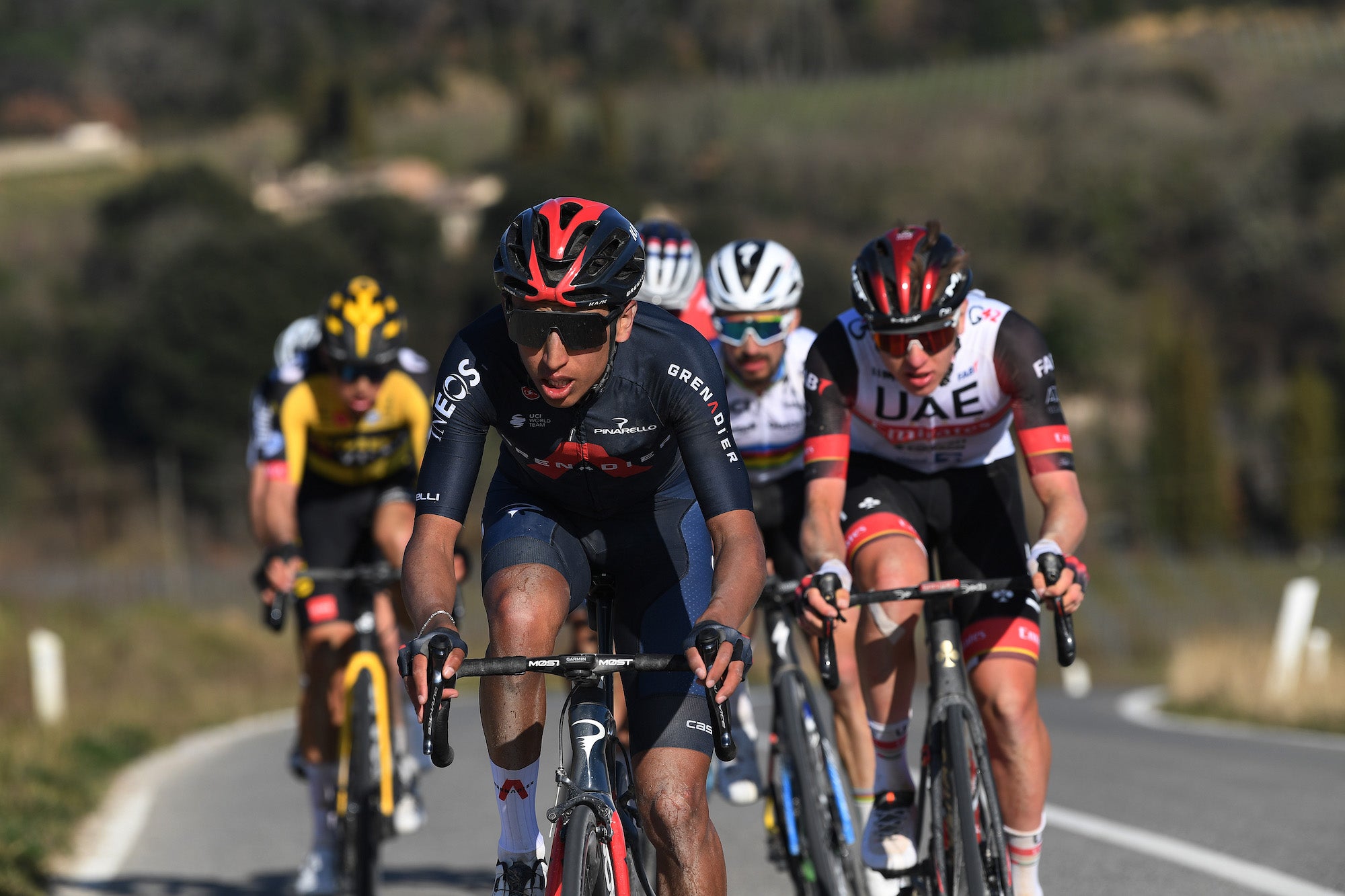 Bernal and Pogačar, racing here in 2021 at Strade Bianche, face off for the first time since 2021.