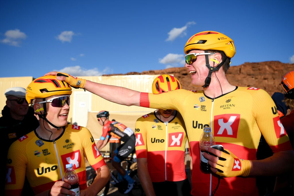 Soren Waerenskjold of Uno-X, who stands tall at 6-foot-3, celebrates a win last week at the Saudi Tour.