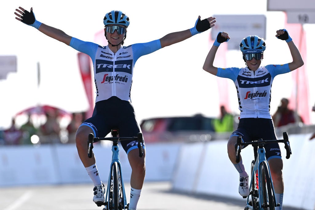 JEBEL HAFEET, UNITED ARAB EMIRATES - FEBRUARY 11: (L-R) Elisa Longo Borghini of Italy and Gaia Realini of Italy and Team Trek - Segafredo celebrate at finish line as stage winners during the 1st UAE Tour Women 2023, Stage 3 a 107km stage from Hazza bin Zayed Stadium - Al Ain to Jebel Hafeet 1030m / #UAETourWomen / #UCIWWT / on February 11, 2023 in Jebel Hafeet, United Arab Emirates. (Photo by Tim de Waele/Getty Images)