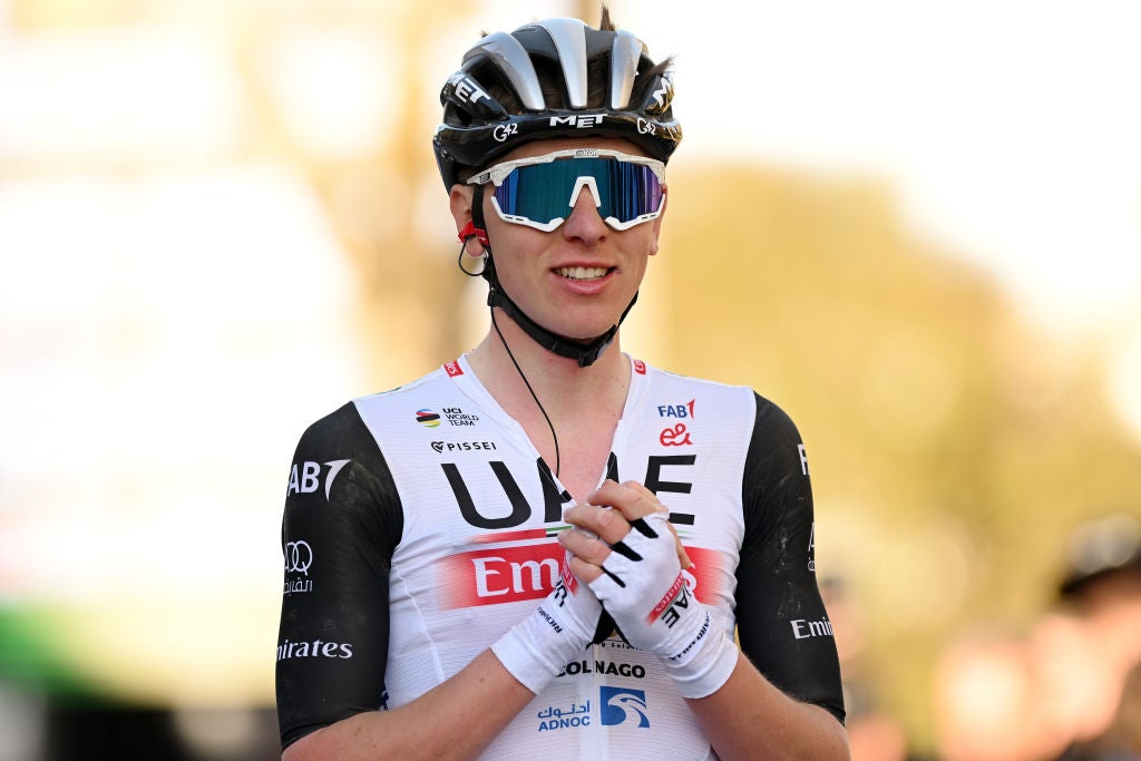 BAEZA, SPAIN - FEBRUARY 13: Tadej Pogacar of Slovenia and UAE Team Emirates celebrates at finish line as race winner during the 2nd Clasica Jaen Paraiso Interior 2023 a 178,9km one day race from Úbeda to Baeza 752m / #ClásicaJaén23 / on February 13, 2023 in Baeza, Spain. (Photo by Dario Belingheri/Getty Images)