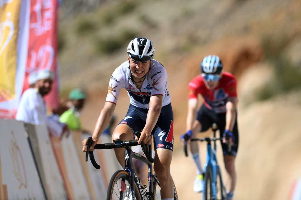 Mauri Vansevenant grimaces as he crosses the line the winner of the stage, while Matteo Jorgenson finished second to wrap up the overall title.