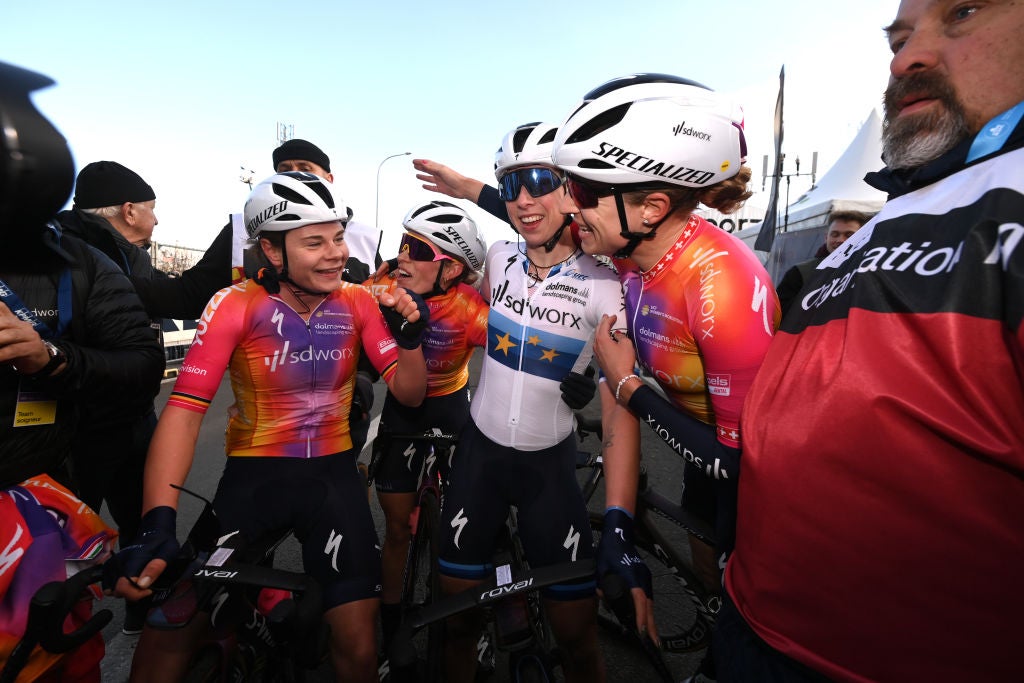 SD Worx celebrates after Omloop Het Nieuwsblad