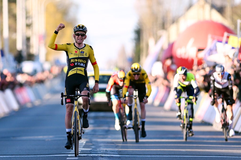 KUURNE, BELGIUM - FEBRUARY 26: Tiesj Benoot of Belgium and Team Jumbo-Visma celebrates at finish line as race winner during the 75th Kuurne - Bruxelles - Kuurne 2023 a 193.1km one day race from Kuurne to Kuurne / #kuurnebrusselkuurne / on February 26, 2023 in Kuurne, Belgium. (Photo by Luc Claessen/Getty Images)