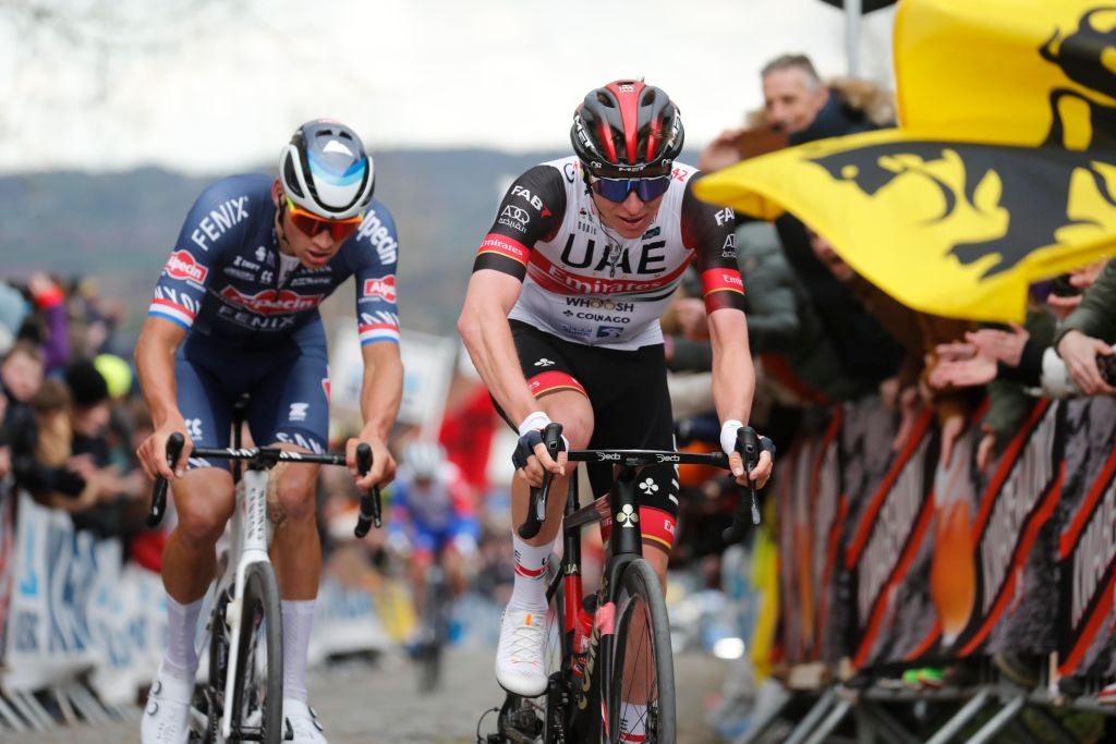 Mathieu van der Poel and Tadej Pogacar ride together at the 2022 Tour of Flanders