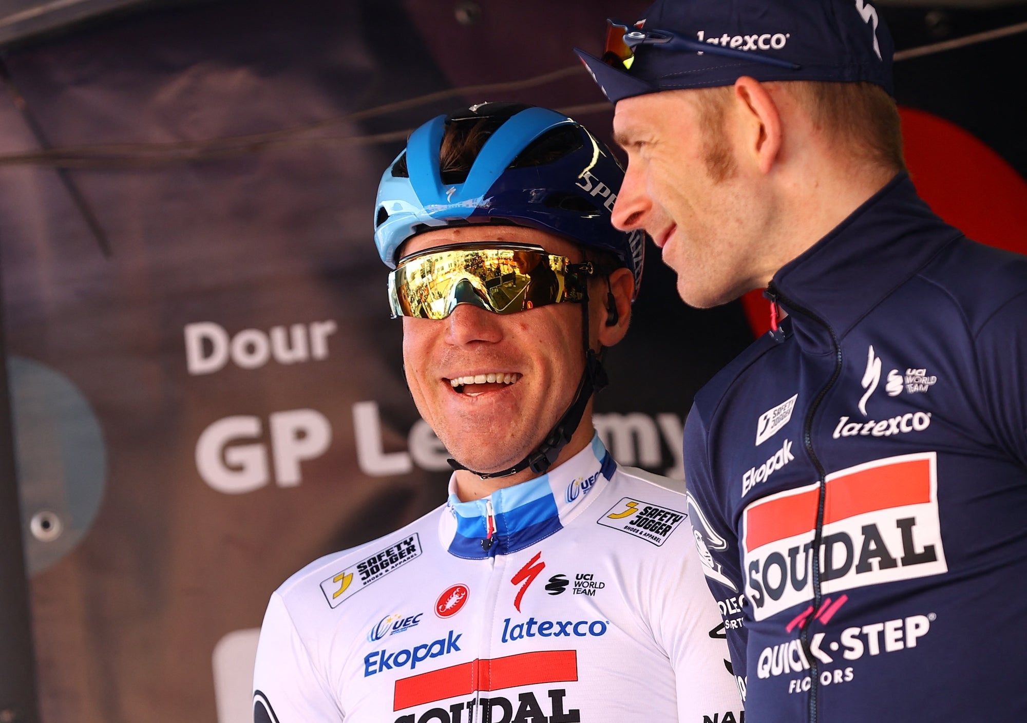 Jakobsen, shown here with ace leadout man Michael Morkov, won big Tuesday at Tirreno-Adriatico.