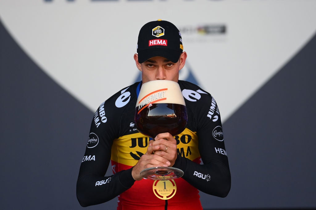 Wout van Aert sips on a Kwaremont after winning E3 Saxo Bank Classic