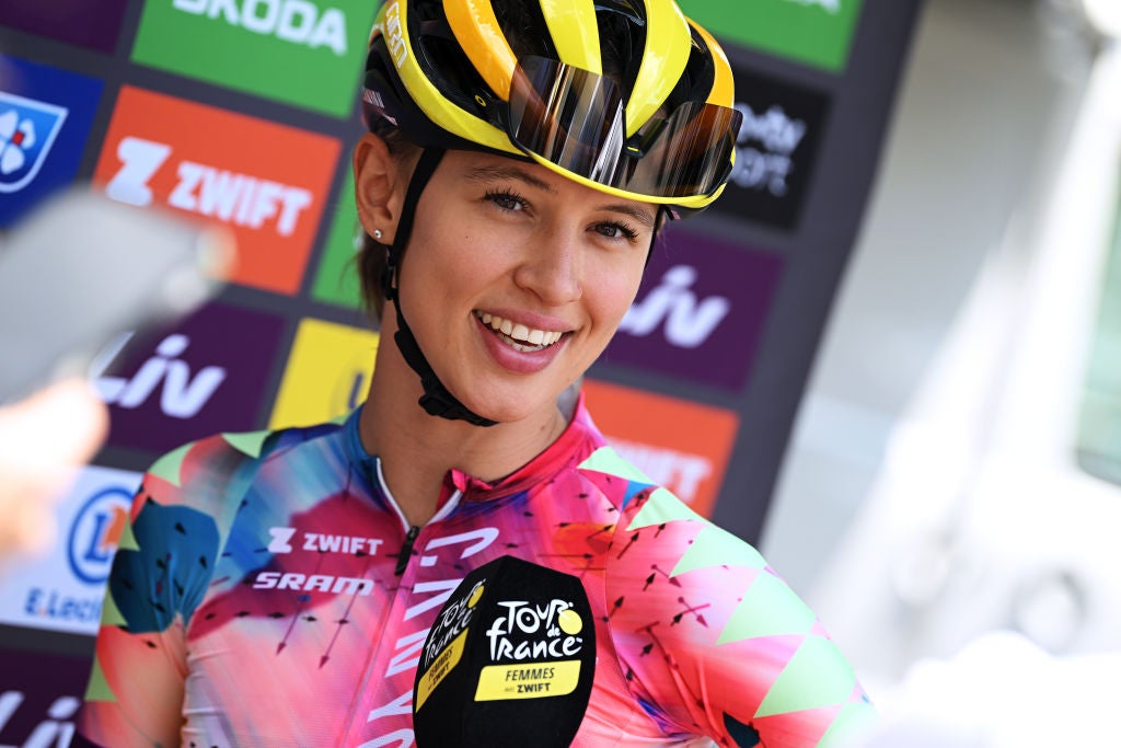 PLANCHE DES BELLES FILLES, FRANCE - JULY 31: Katarzyna Niewiadoma of Poland and Team Canyon//SRAM Racing meets the media press at start prior to the 1st Tour de France Femmes 2022, Stage 8 a 123,3km stage from Lure to La Super Planche des Belles Filles / #TDFF / #UCIWWT / on July 31, 2022 in Planche des Belles Filles, France. (Photo by Dario Belingheri/Getty Images)