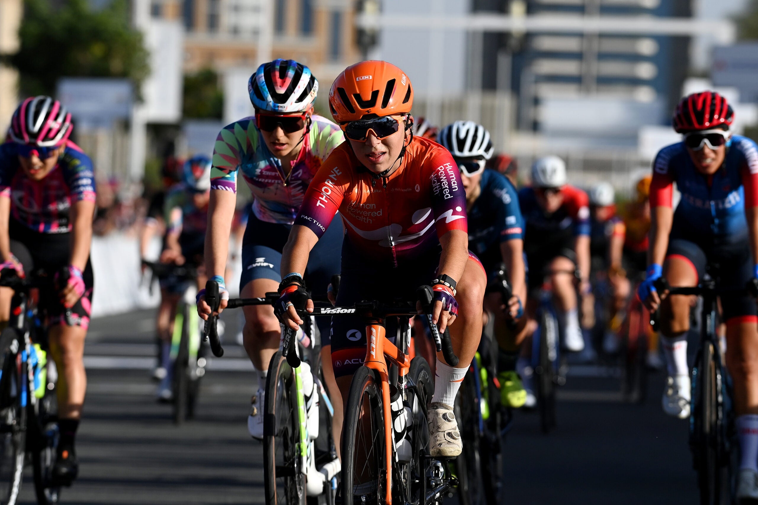 DUBAI, UNITED ARAB EMIRATES - FEBRUARY 09: Kaia Schmid of The United States and Team Human Powered Health crosses the finish line during the 1st UAE Tour Women 2023, Stage 1 a 109km stage from Port Rashid to Dubai Harbour / #UAETourWomen / on February 09, 2023 in Dubai, United Arab Emirates. (Photo by Tim de Waele/Getty Images)