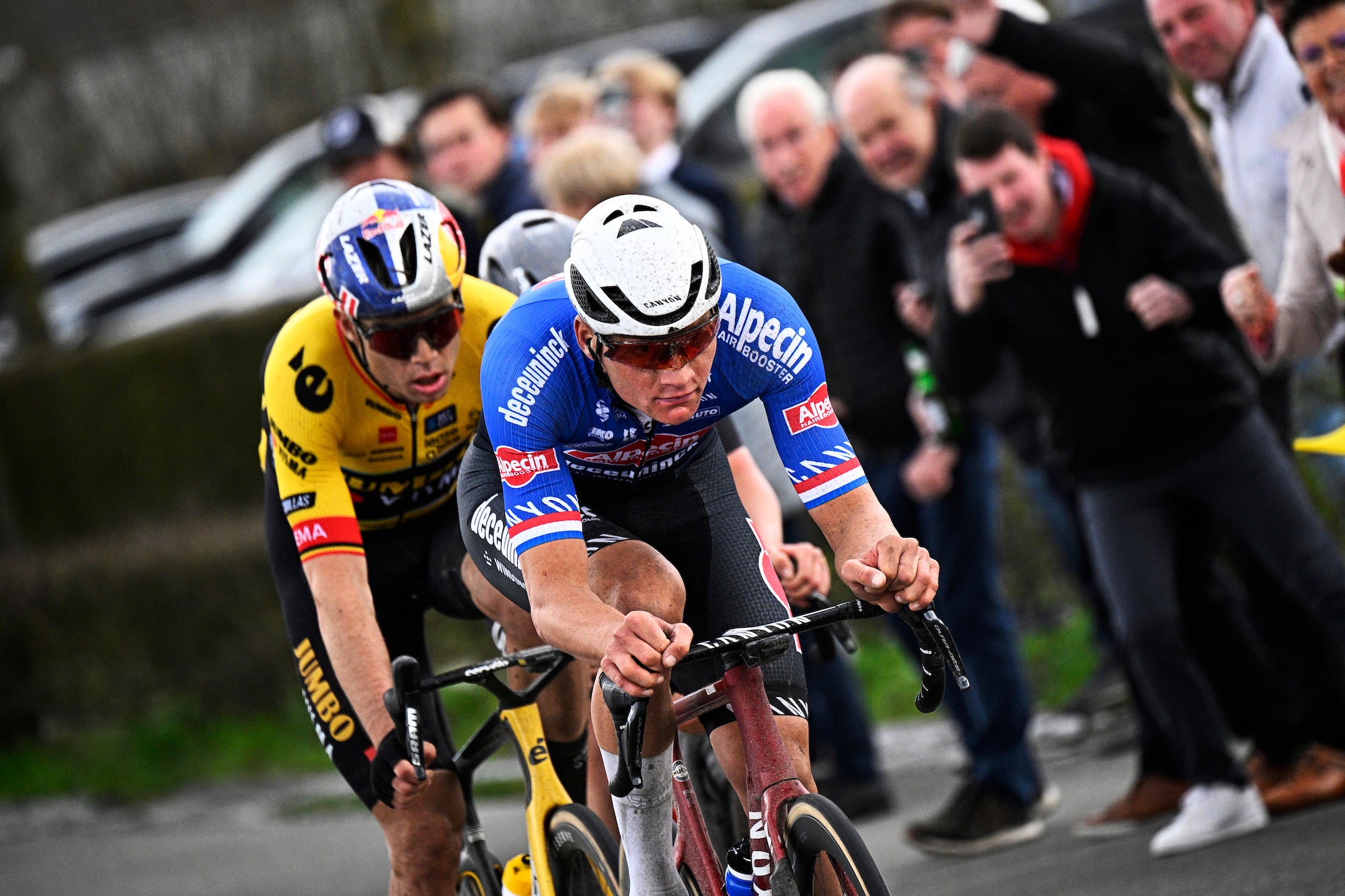 HARELBEKE, BELGIUM - MARCH 24: Mathieu Van Der Poel of The Netherlands and Team Alpecin-Deceuninck competes in the breakaway during the 66th E3 Saxo Bank Classic - Harelbeke 2023 a 204.1km one day race from Harelbeke to Harelbeke on / #UCIWT / March 24, 2023 in Harelbeke, Belgium. (Photo by Jasper Jacobs - Pool/Getty Images)