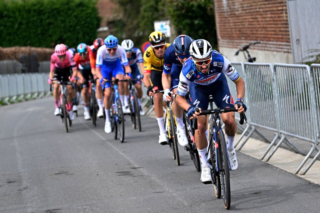WAREGEM, BELGIUM - MARCH 29: Julian Alaphilippe of France and Team Soudal Quick-Step attacks during the 77th Dwars Door Vlaanderen 2023 - Men's Elite a 183.7km one day race from Roeselare to Waregem / #DDV23 / on March 29, 2023 in Waregem, Belgium. (Photo by Peter De Voecht - Pool/Getty Images)