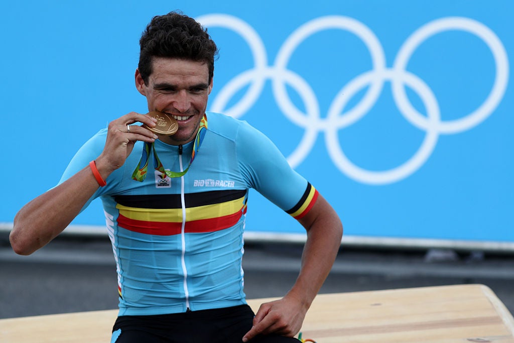 RIO DE JANEIRO, BRAZIL - AUGUST 06: Gold medalist Greg van Avermaet of Belgium celebrates on the podium at the medal ceremony for the Men's Road Race on Day 1 of the Rio 2016 Olympic Games at the Fort Copacabana on August 6, 2016 in Rio de Janeiro, Brazil. (Photo by Phil Walter/Getty Images)