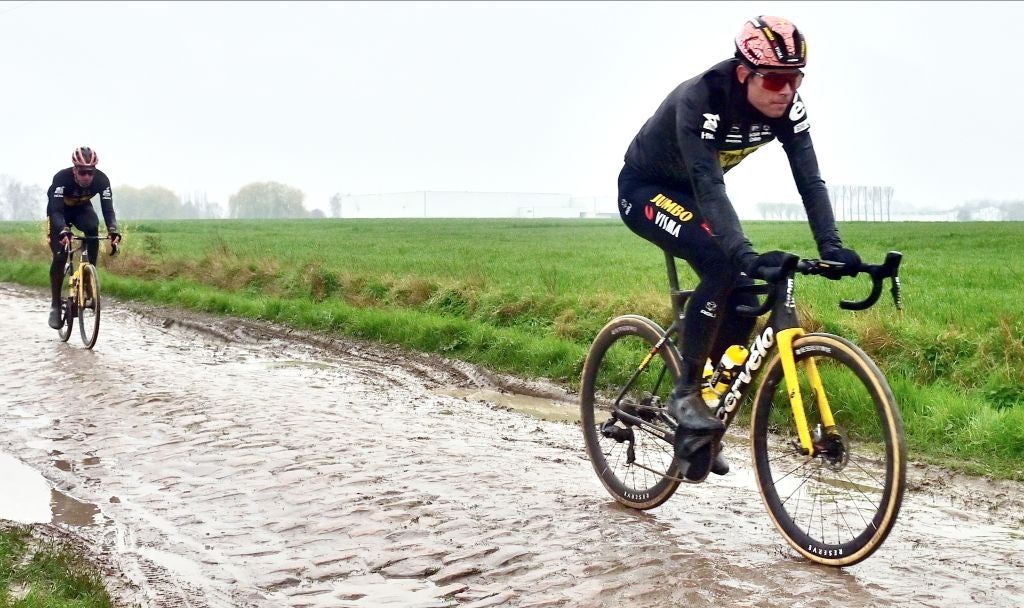 Van Aert wasn't a fan of the wet stones Thursday.