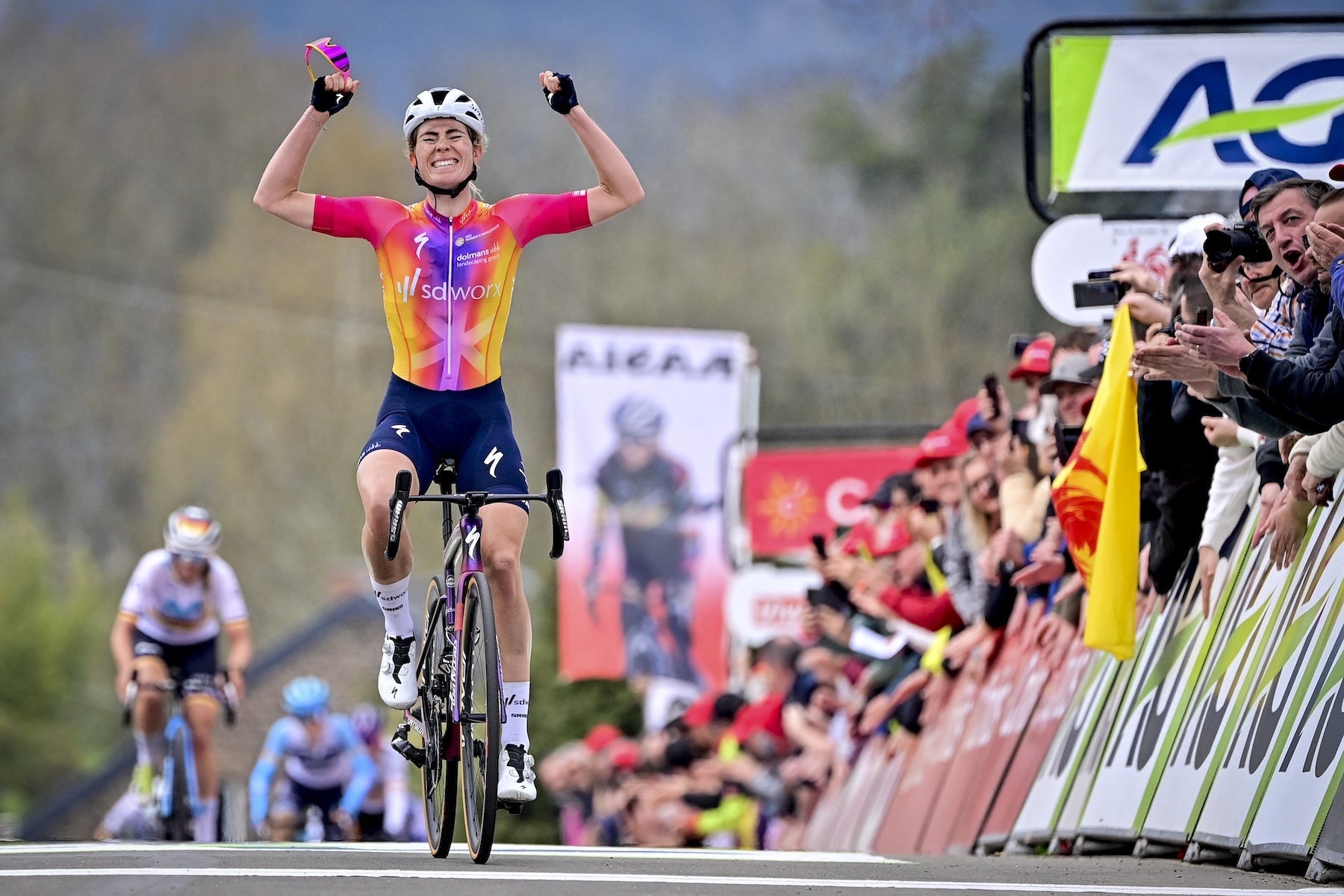Dutch Demi Vollering of SD Worx celebrates after winning the women's race 'La Fleche Wallonne', a one day cycling race (Waalse Pijl - Walloon Arrow), 127,3 km from Huy to Huy, Wednesday 19 April 2023. BELGA PHOTO DIRK WAEM (Photo by DIRK WAEM / BELGA MAG / Belga via AFP) (Photo by DIRK WAEM/BELGA MAG/AFP via Getty Images)