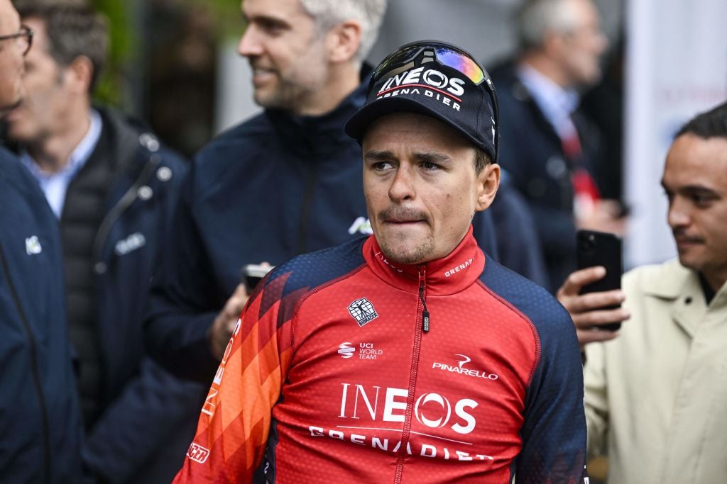 British Tom Pidcock of Ineos Grenadiers pictured after the men elite race of the Liege-Bastogne-Liege one day cycling event, 258,5km from Liege, over Bastogne to Liege, Sunday 23 April 2023. BELGA PHOTO TOM GOYVAERTS (Photo by Tom Goyvaerts / BELGA MAG / Belga via AFP) (Photo by TOM GOYVAERTS/BELGA MAG/AFP via Getty Images)