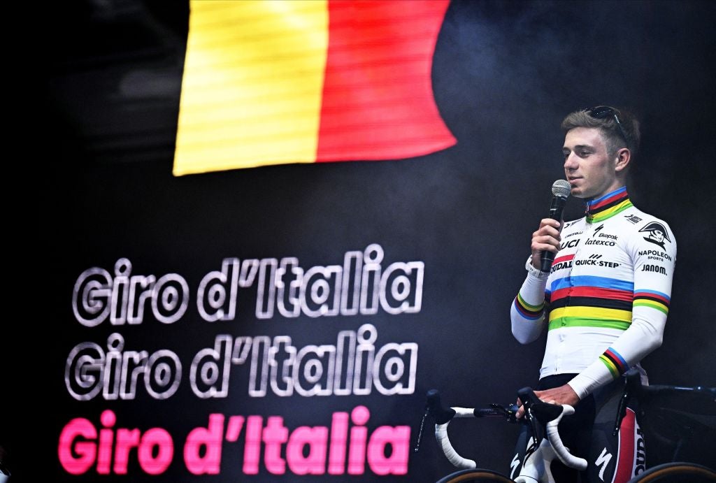 Belgian Remco Evenepoel of Soudal Quick-Step pictured during the team presentation ahead of the 2023 Giro D'Italia cycling race, in Pescara, in Italy, Thursday 04 May 2023. The 2023 Giro takes place from 06 to 28 May 2023.
BELGA PHOTO JASPER JACOBS (Photo by JASPER JACOBS / BELGA MAG / Belga via AFP) (Photo by JASPER JACOBS/BELGA MAG/AFP via Getty Images)