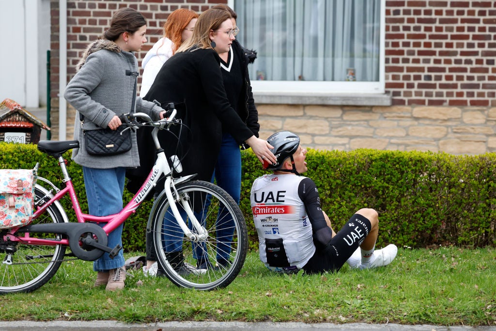 Tim Wellens reels in pain after being taken down Sunday at the Tour of Flanders.