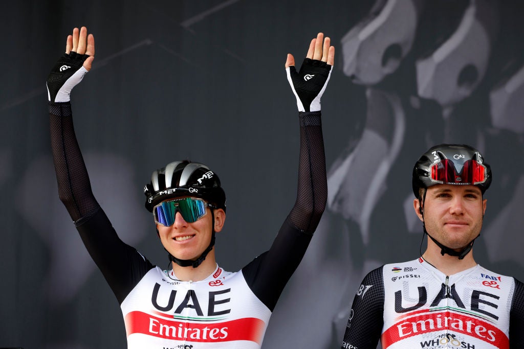 LIEGE, BELGIUM - APRIL 23: (L-R) Tadej Pogačar of Slovenia and 09prior to the 109th Liege - Bastogne - Liege 2023, Men's Elite a 258.1km one day race from Liège to Liège / #UCIWT / on April 23, 2023 in Liege, Belgium. (Photo by Bas Czerwinski/Getty Images)