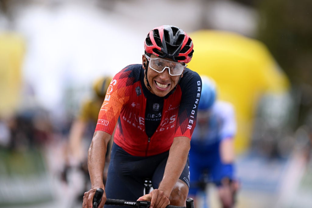 VALAIS - THYON 2000, SWITZERLAND - APRIL 29: Egan Bernal of Colombia and Team INEOS Grenadiers crosses the finish line during the 6th Tour De Romandie 2023, Stage 4 a 161.6km stage from Sion to Valais - Thyon 2000 (2090m) / #UCIWT / on April 29, 2023 in Sion, Switzerland. (Photo by Dario Belingheri/Getty Images)