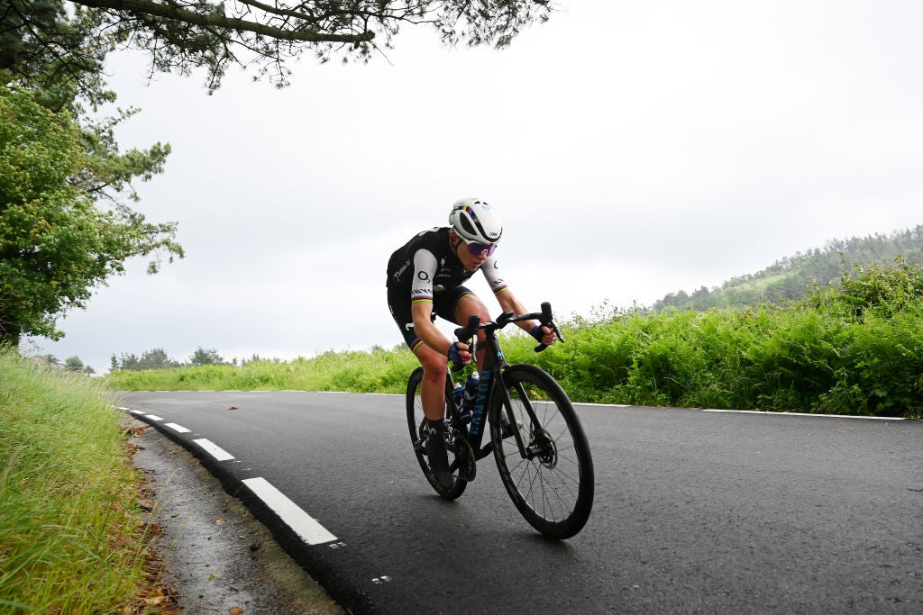 SAN SEBASTIAN, SPAIN - MAY 14: Annemiek Van Vleuten of The Netherlands and Movistar Team competes during the 2nd Itzulia Women 2023, Stage 3 a 114.8km stage from Donostia - San Sebastian to Donostia - San Sebastian / UCIWWT / on May 14, 2023 in Donostia - San Sebastian, Spain. (Photo by Dario Belingheri/Getty Images)