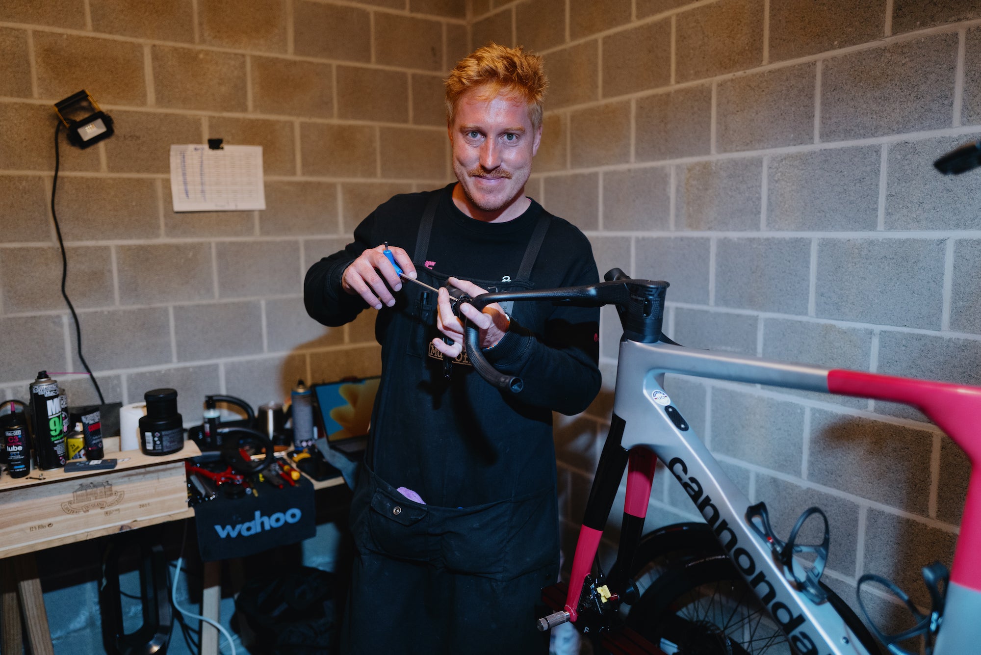 EF Education-EasyPost mechanic Jacobus Johannes Steyn builds out a bike.