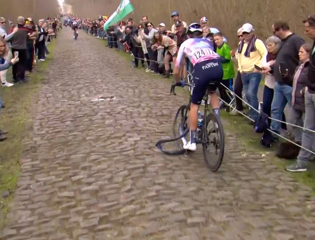 Derek Gee's tire, and then rim, saw better days on the Arenberg.