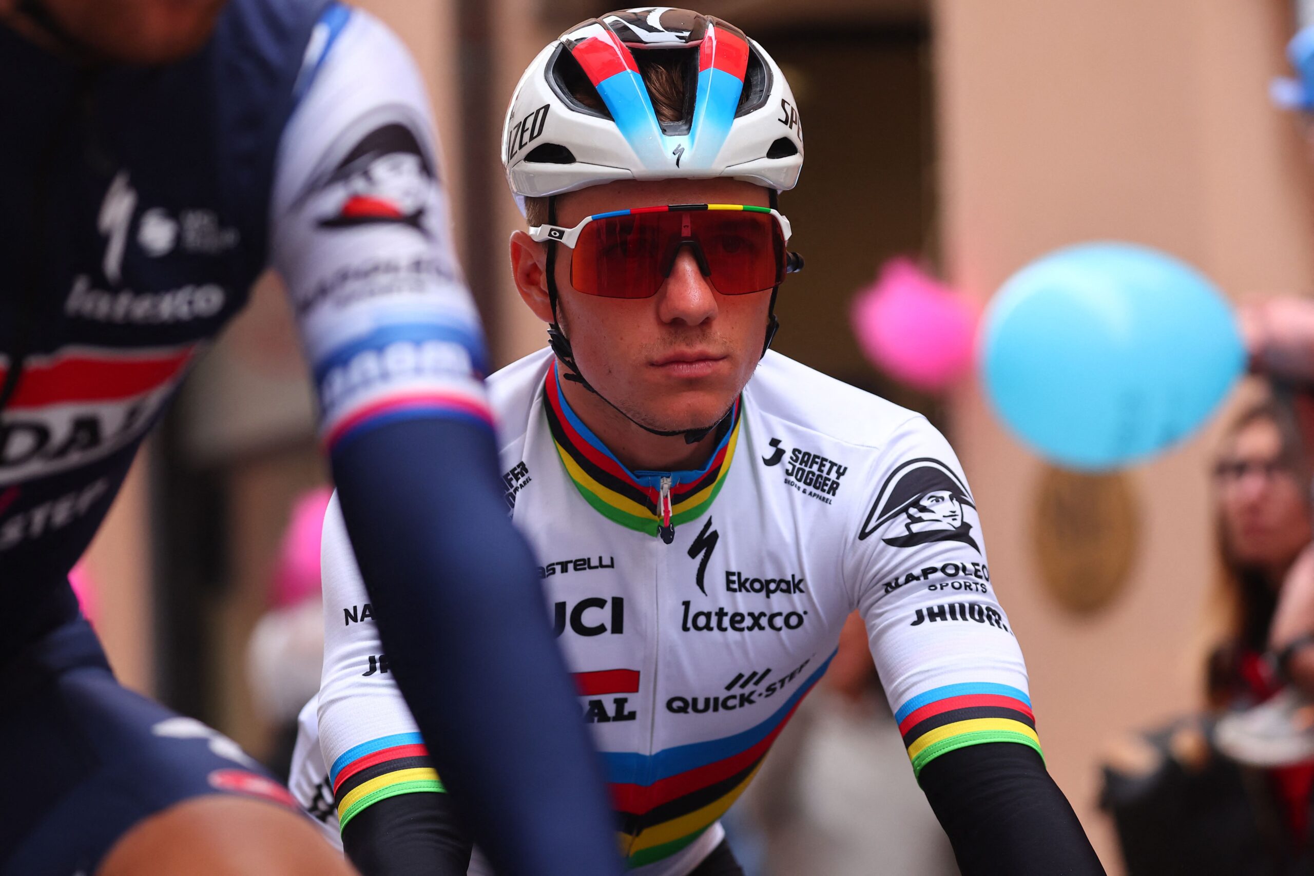 Soudal - Quick Step's Belgian rider Remco Evenepoel arrives for the eighth stage of the Giro d'Italia 2023 cycling race, 207 km between Terni and Fossombrone, on May 13, 2023. (Photo by Luca Bettini / AFP) (Photo by LUCA BETTINI/AFP via Getty Images)