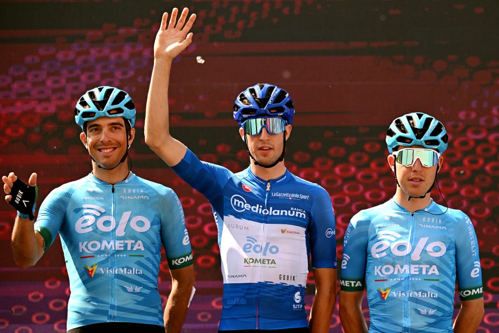SABBIO CHIESE, ITALY - MAY 23: (L-R) Diego Pablo Sevilla of Spain, Davide Bais of Italy - Blue Mountain Jersey and Mattia Bais of Italy and Team EOLO-Kometa prior to the 106th Giro d'Italia 2023, Stage 16 a 203km stage from Sabbio Chiese to Monte Bondone 1642m / #UCIWT / on May 23, 2023 in Sabbio Chiese, Italy. (Photo by Stuart Franklin/Getty Images,)