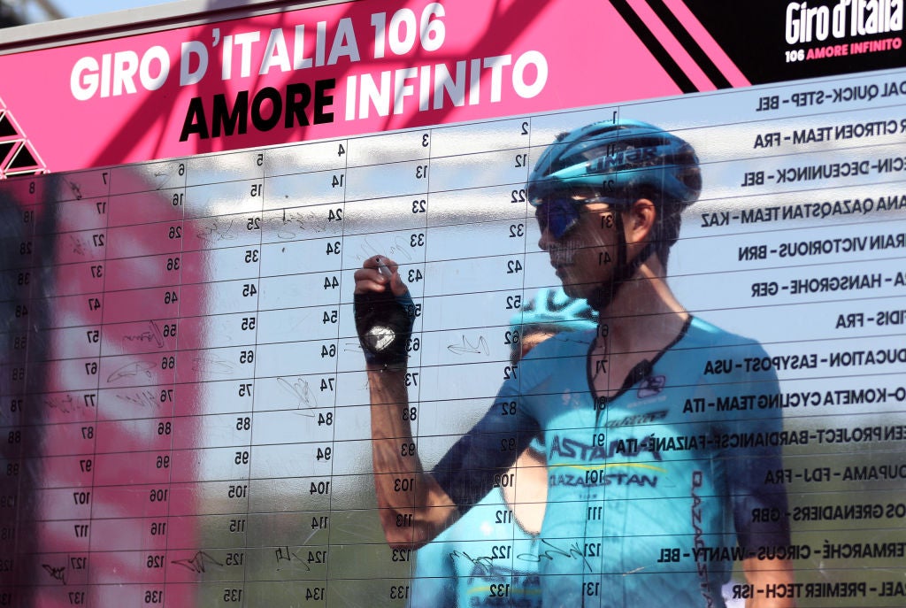 MONTE BONDONE, ITALY - MAY 23: Joe Dombrowski of The United States and Astana Qazaqstan Team attends teams presentation during the 106th Giro d'Italia 2023, Stage 16 a 203km stage from Sabbio Chiese to Monte Bondone on May 23, 2023 in Monte Bondone, Italy. (Photo by Sara Cavallini/Getty Images)