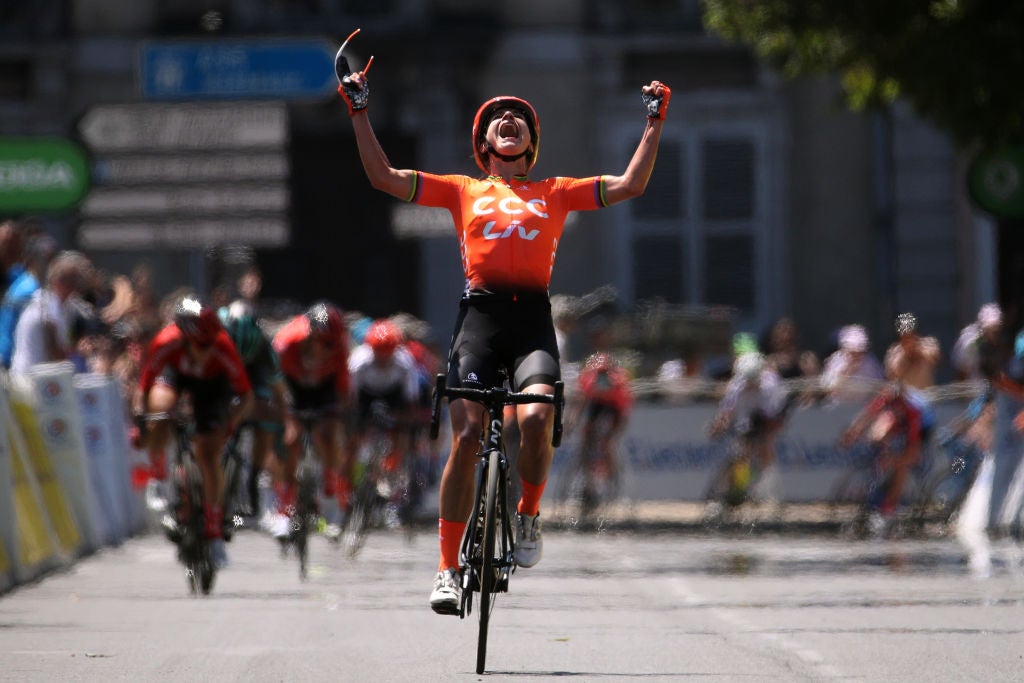 PAU, FRANCE - JULY 19: Arrival / Marianne Vos of The Netherlands and Team CCC-Liv / Celebration / Leah Kirchmann of Canada and Team Sunweb Women / Cecilie Uttrup Ludwig of Denmark and Bigla Pro Cycling Team / during the 6th La Course 2019, by Le Tour de France a 121km stage from Pau to Pau / TDF / #LaCourse / @LaCoursebyTDF / on July 19, 2019 in Pau, France. (Photo by Chris Graythen/Getty Images)