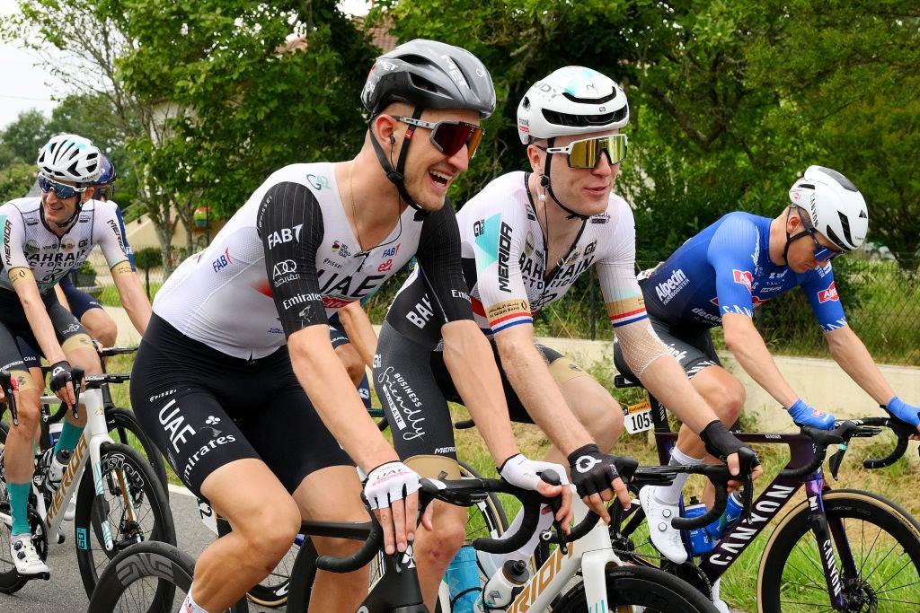NOGARO, FRANCE - JULY 04: (L-R) Mikkel Bjerg of Denmark and UAE Team Emirates and Fred Wright of United Kingdom and Team Bahrain Victorious compete during the stage four of the 110th Tour de France 2023 a 181.8km stage from Dax to Nogaro / #UCIWT / on July 04, 2023 in Nogaro, France. (Photo by David Ramos/Getty Images)