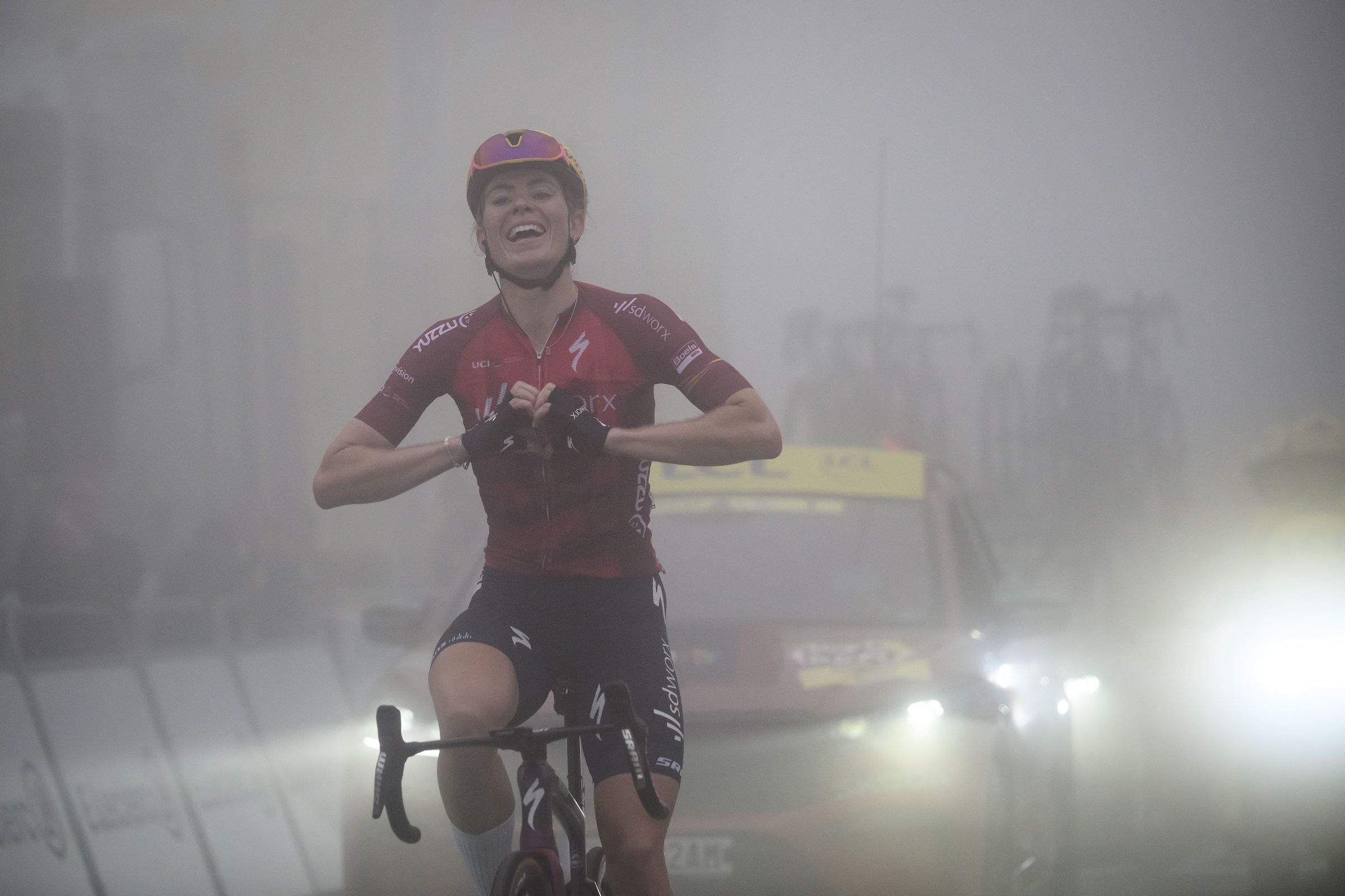 Team SD Worx's Dutch rider Demi Vollering reacts as she crosses the finish line to win the 7th stage (out of 8) of the second edition of the Women's Tour de France cycling race, 90 km from Lannemezan to Tourmalet Bagneres-de-Bigorre, in Hautes-Pyrenees Department, southern France, on July 29, 2023. (Photo by Jeff PACHOUD / AFP) (Photo by JEFF PACHOUD/AFP via Getty Images)
